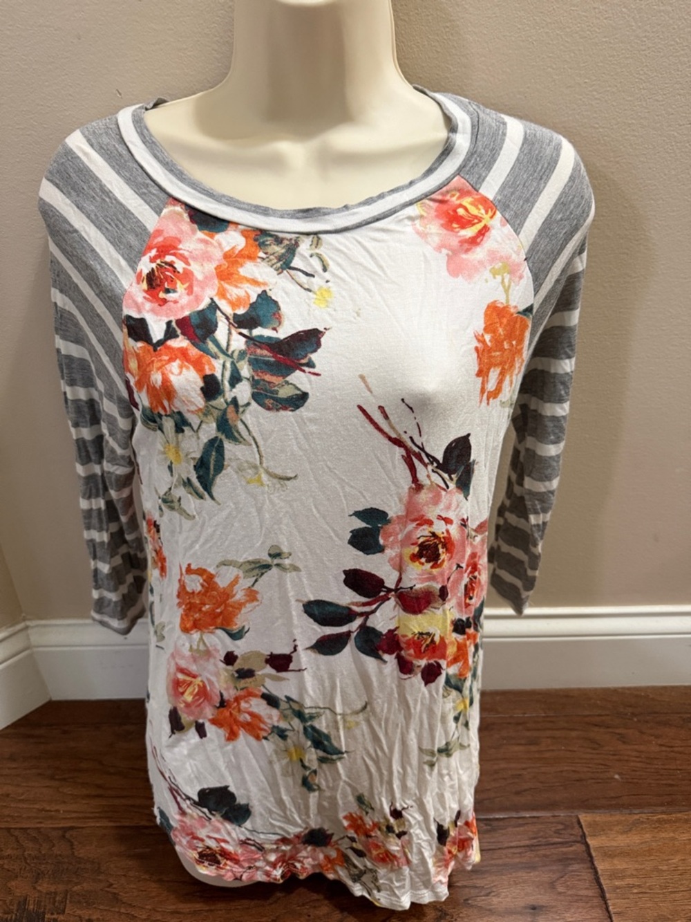 First Looks White Floral Raglan Long Sleeve Tee with Gray Stripes